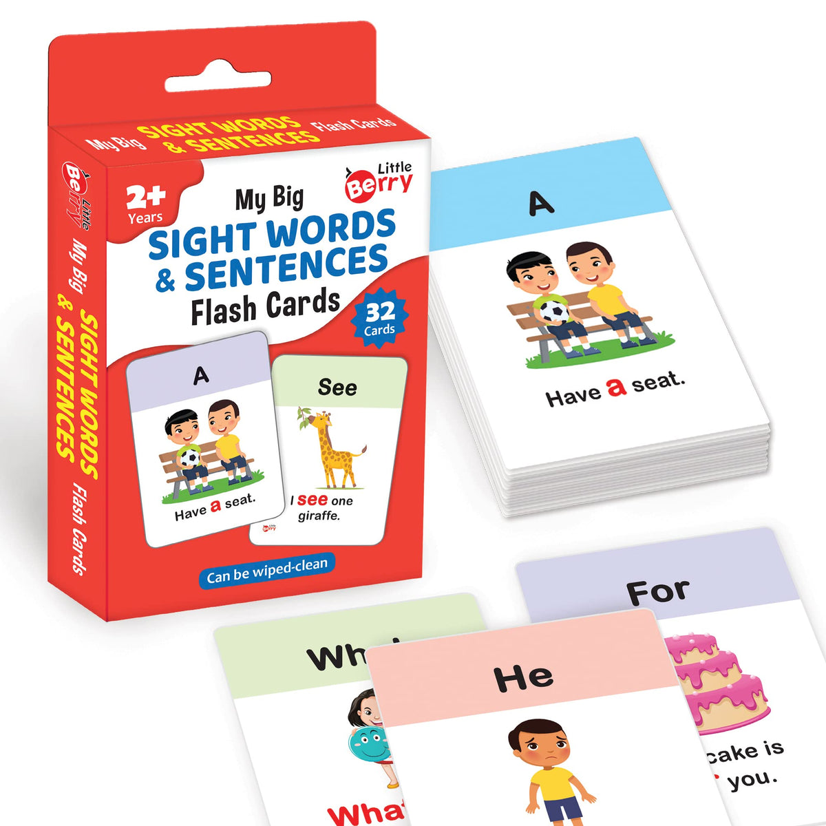 Little Berry Big Flash Cards For Kids: Sight Words & Sentences | 32 DoubleSided Picture Cards, Durable & Water Resistant | Earl