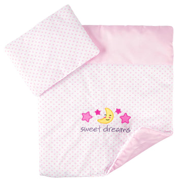 Babeside 2 Pcs Baby Doll Bedding Set For 12-15 Inch Dolls, Pink Polka Dot Baby Doll Blanket And Pillow Set With Cute Moon & Star