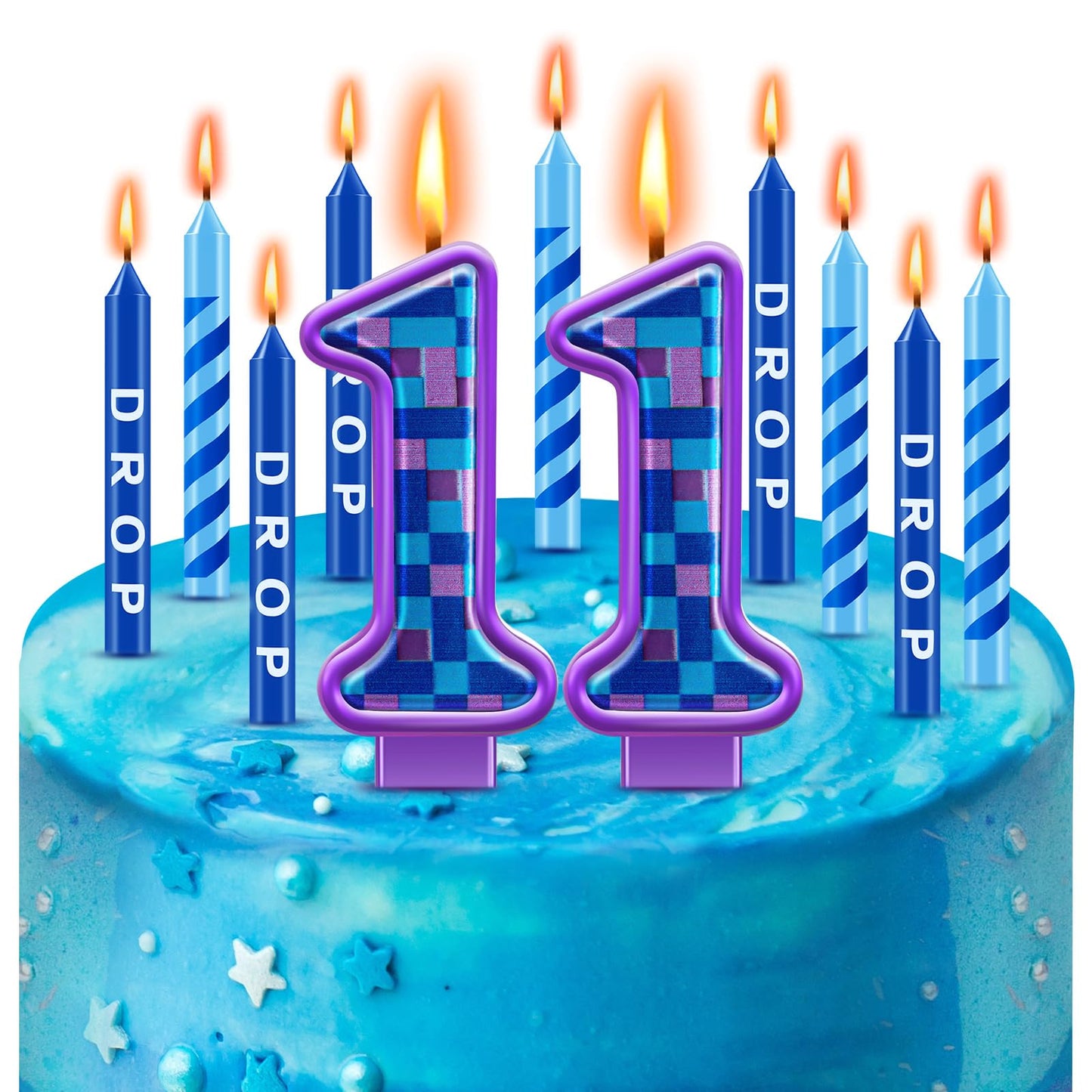 MTLEE 13 Pcs Video Game Birthday Candles Gaming Party Toppers for Cake Blue Purple Number Candle Battle Boys Birthday Cake Toppe