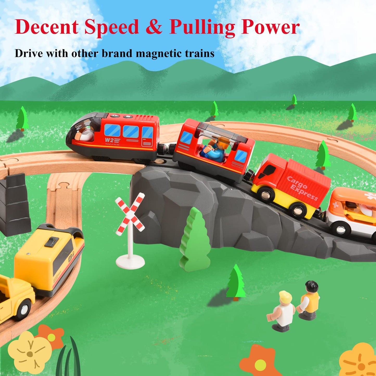 Giant Bean Battery Operated Action Locomotive (Magnetic Connection) Train Set For Wooden Train Tracks, Powerful Engine Compatible With Thomas, Brio, Chuggington Wooden Train Tracks, Toys For 3+