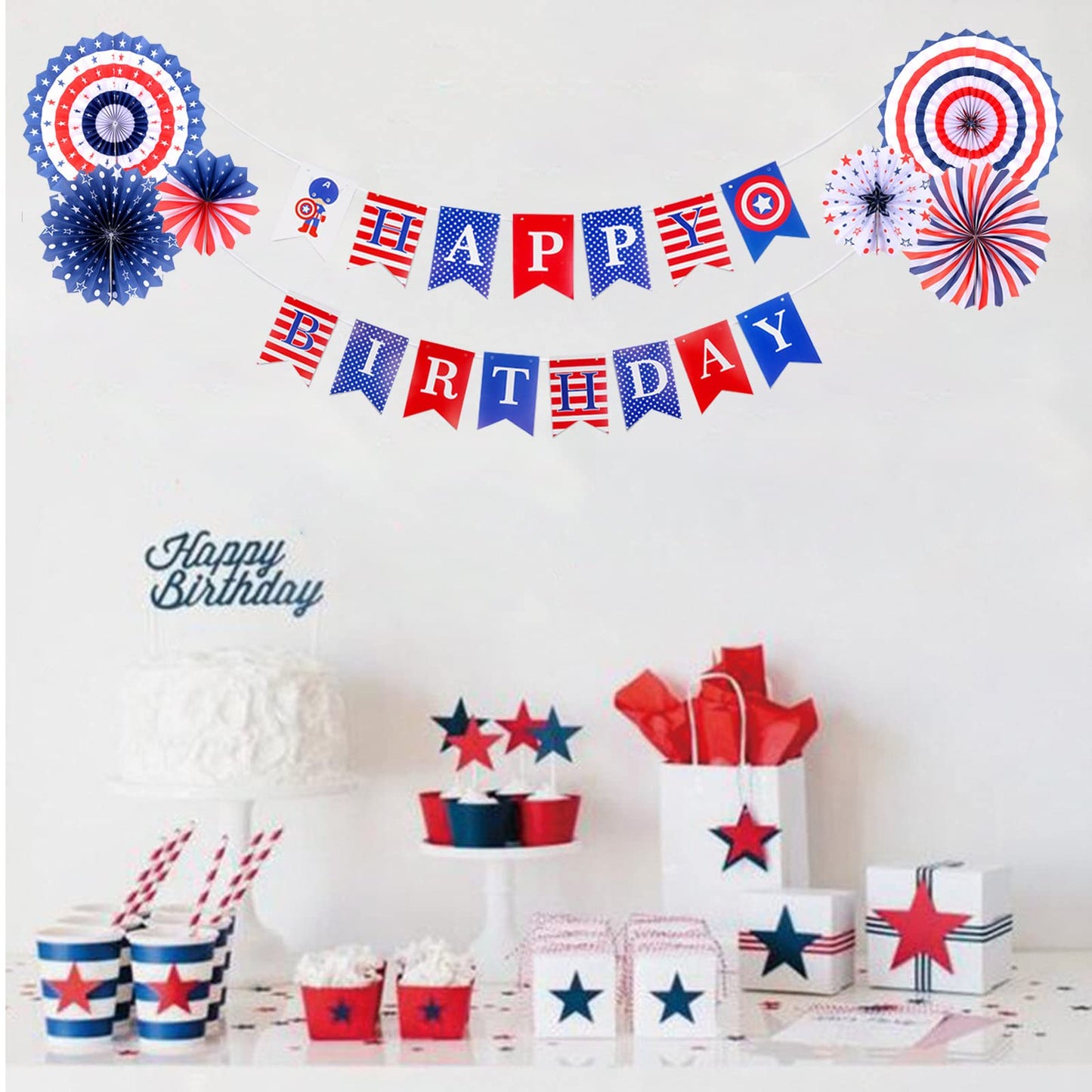 Zwiebeco Birthday Party Decoration Supplies-Red Blue White Happy Birthday Banner Bunting Garland Hanging Paper Fan Kit For Boys
