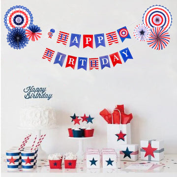 Zwiebeco Birthday Party Decoration Supplies-Red Blue White Happy Birthday Banner Bunting Garland Hanging Paper Fan Kit For Boys