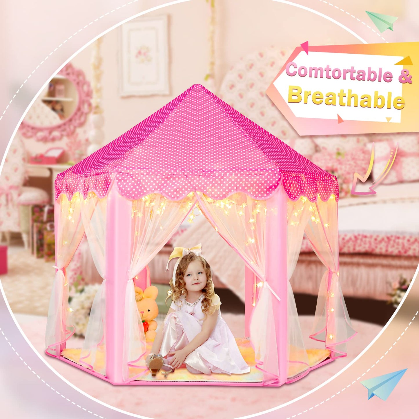 Senodeer Princess Tent With Rainbow Rug, Little Star Lights For Girls, Pink Play Tent For Kids, Girls Toys Set For Indoor Princess Games Decor, Princess Castle Playhouse