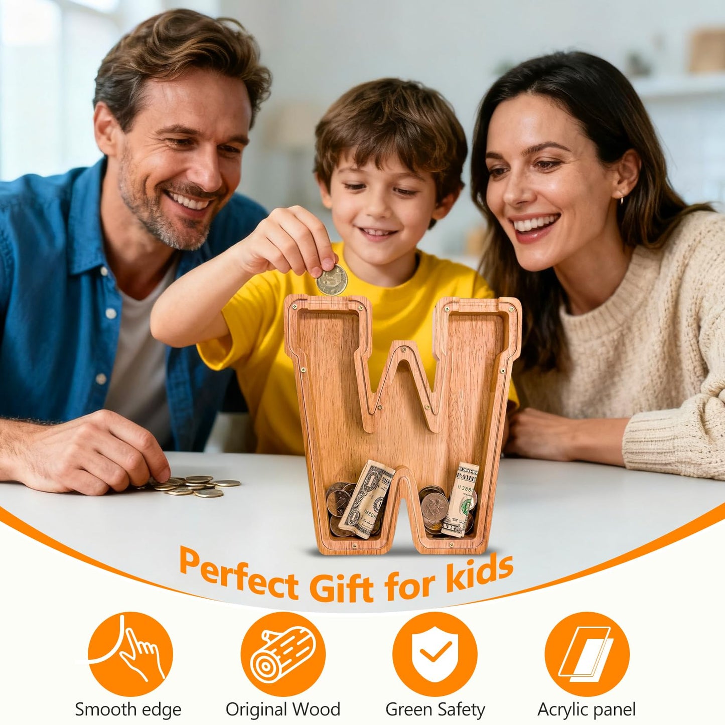 Wooden Letter Piggy Bank for Kids  Initial Coin Bank for Boys and Girls  First Name Personalized Savings Bank for Birthday Boys Girls Gift Piggy Bank for Kids (Wood  S9-W)