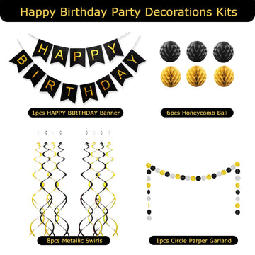 Black Birthday Decorations, Happy Birthday Banner, Paper Pom Poms, Circle Garland And Hanging Swirl Birthday Decorations, Black And Gold Birthday Decorations