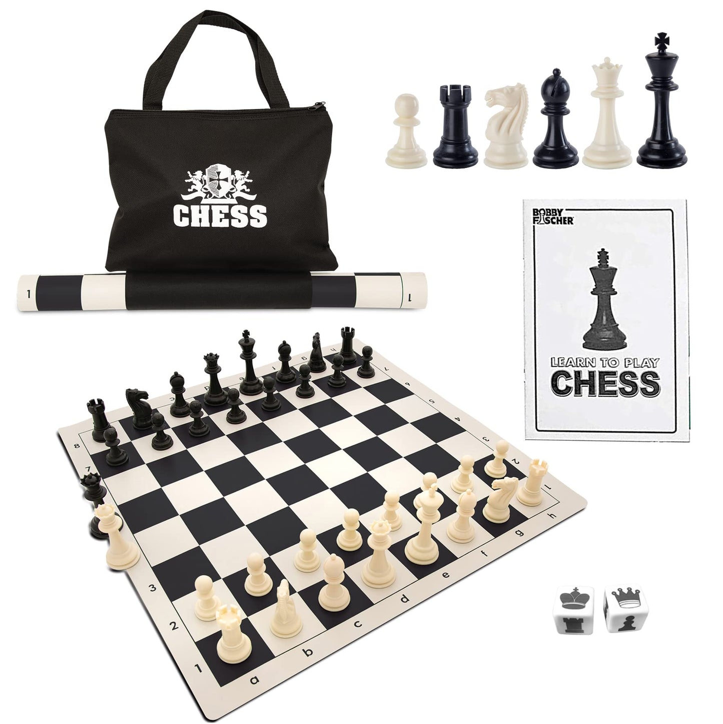 Best Value Tournament Chess Set - Plastic Chess Pieces And Black Roll-Up Vinyl Chess Board - Bulk Set Of 12