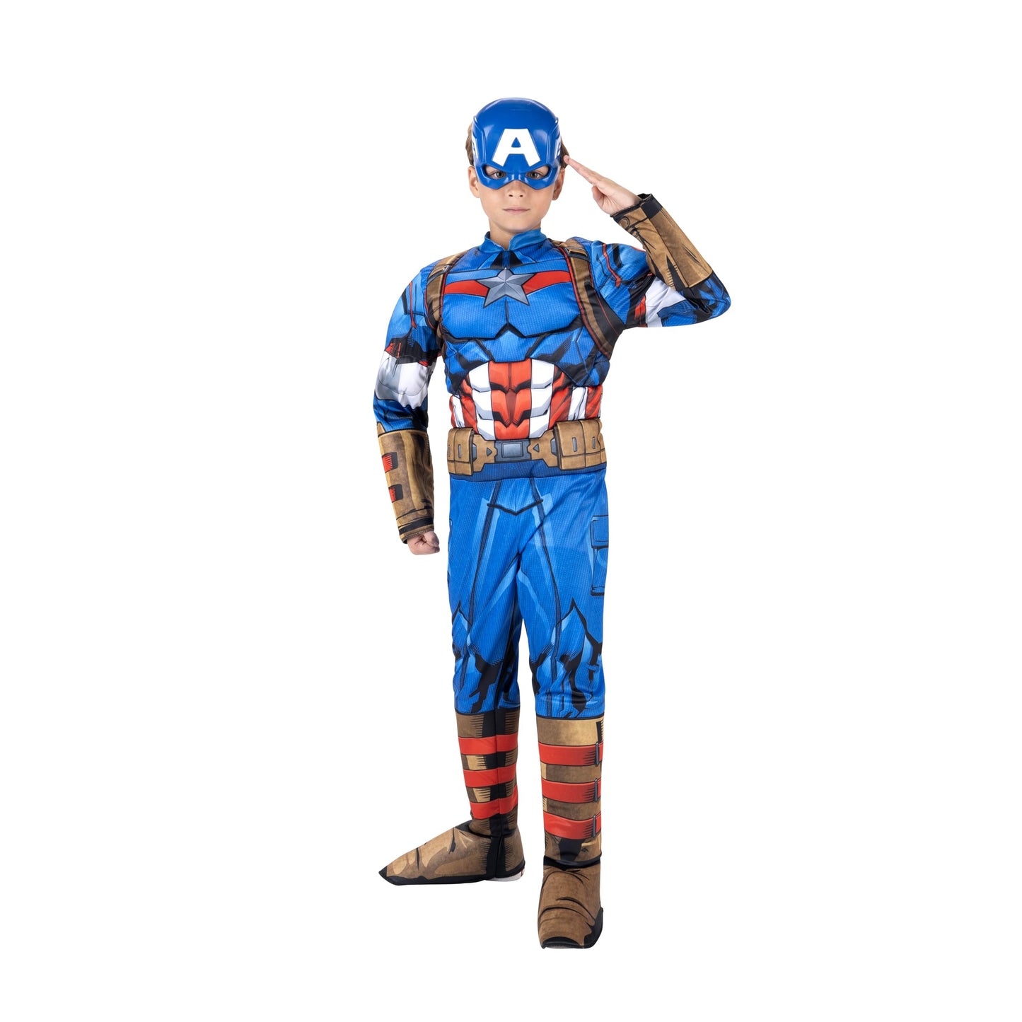 Marvel Captain America Official Youth Halloween Costume - Premium Quality Padded Jumpsuit With Plastic Mask (S) Blue