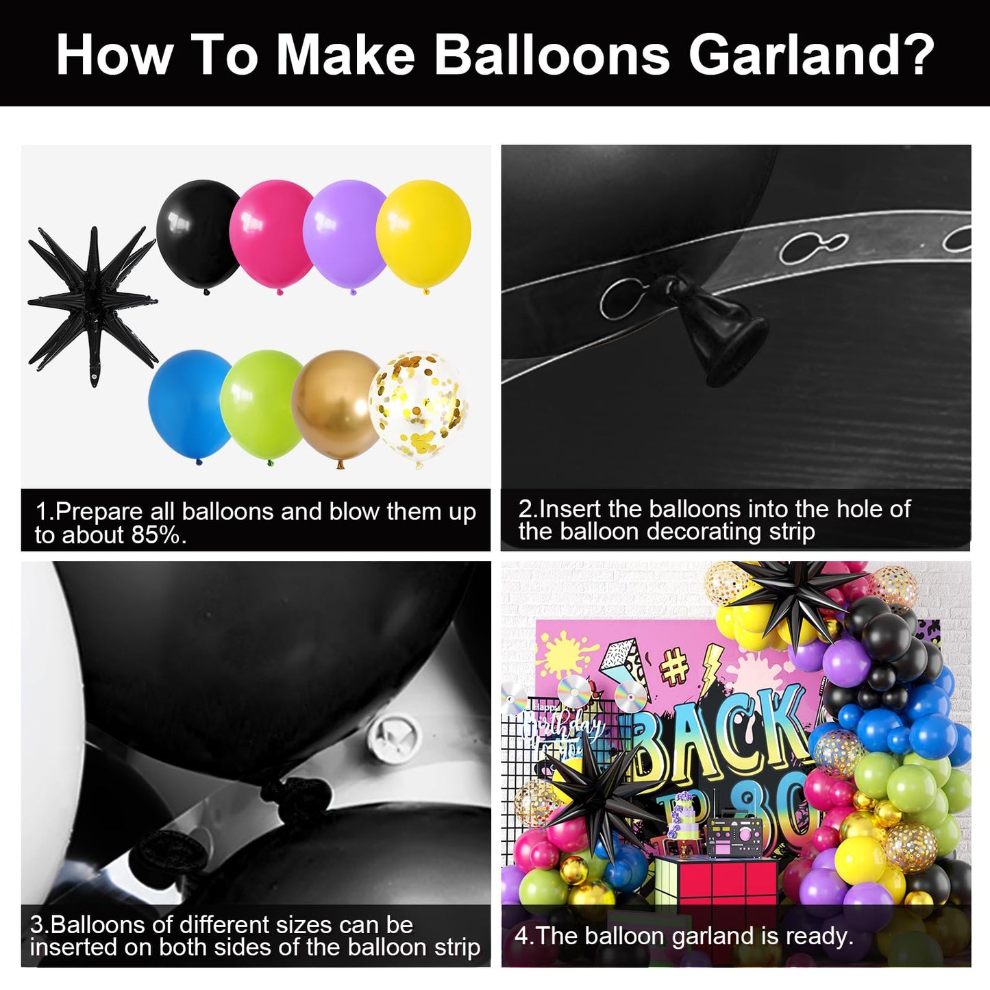 80S 90S Theme Party Balloon Garland Arch Kit, Black Rose Red Purple Green Blue Yellow Metallic Gold Latex Balloons Decorations B