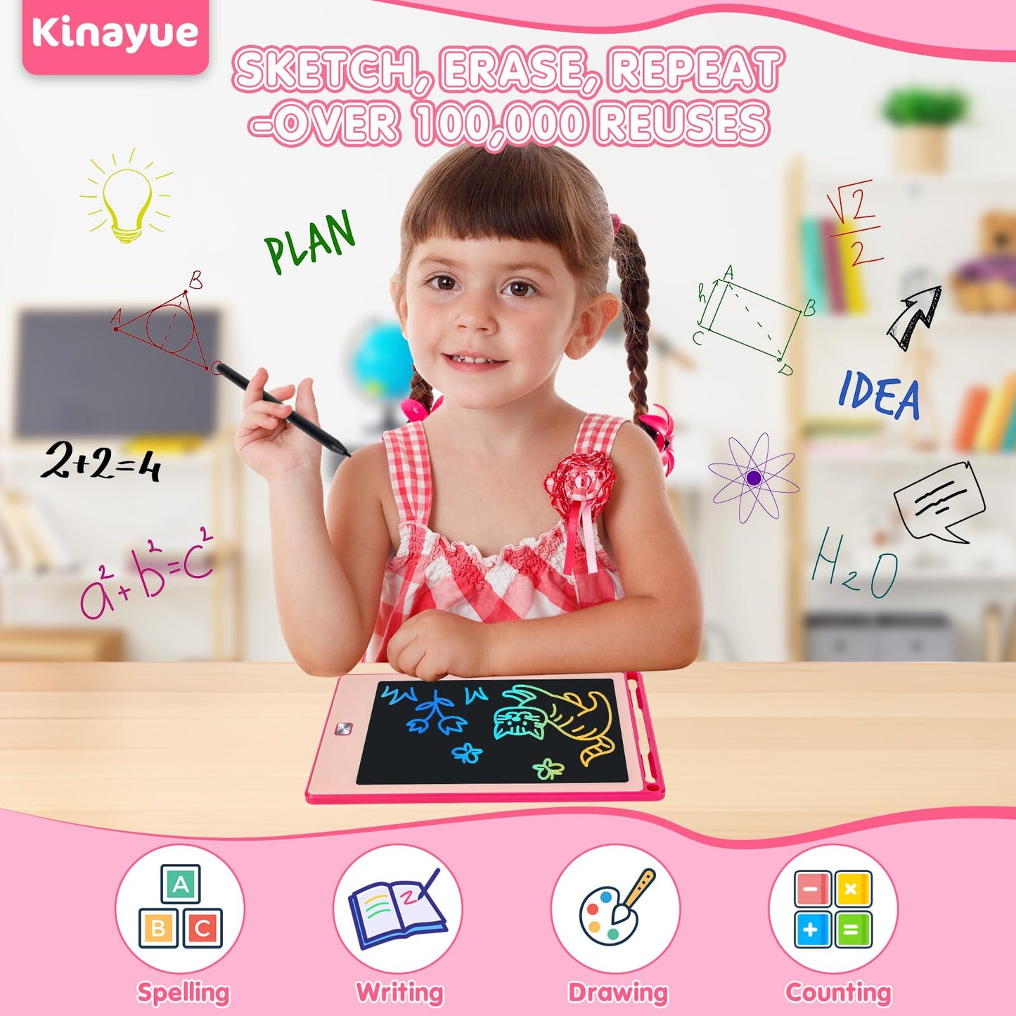 Kinayue 8.5 Inch LCD Writing Tablet for Kids, Reusable Doodle Drawing Board, Colorful Drawing Pad for Toddlers Educational Toys
