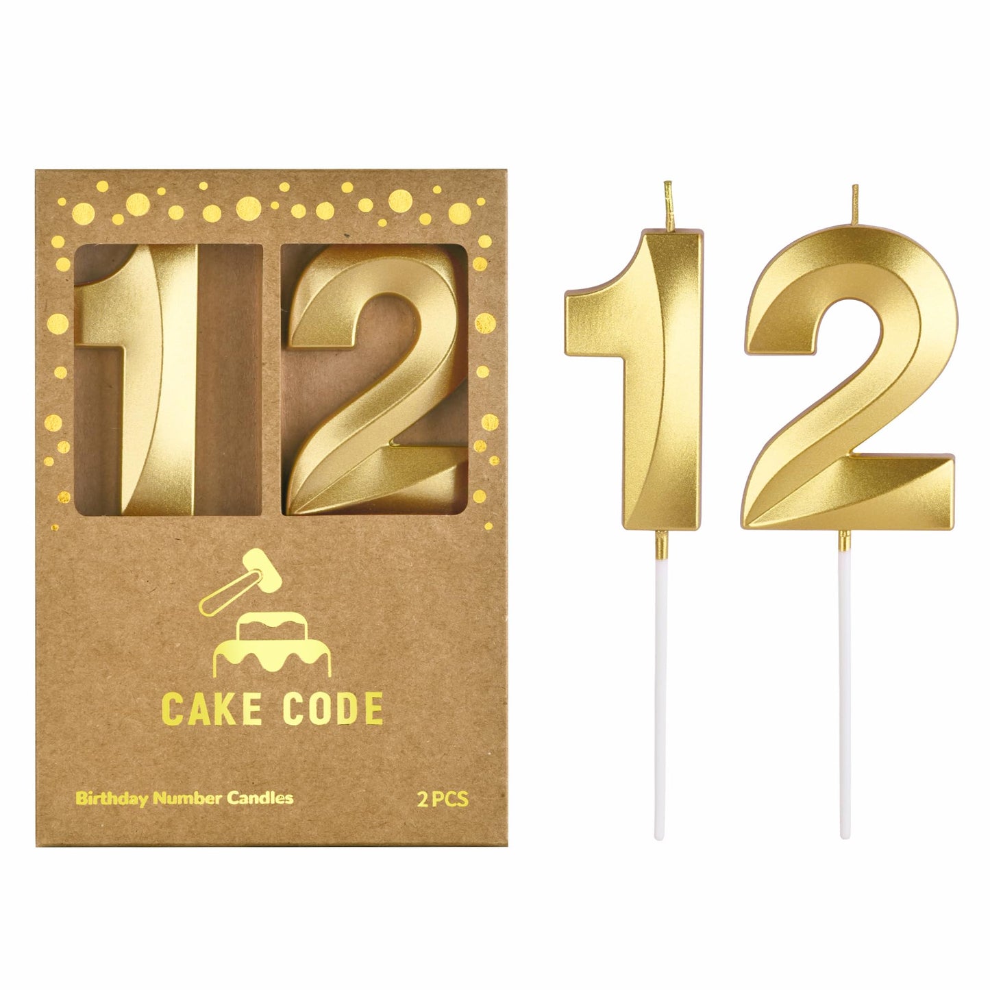 CAKE CODE 2.76 Inch Diamond Gold 12 Number Birthday Candles, Gold Number Candles, Cake Number Candles, Party Celebration