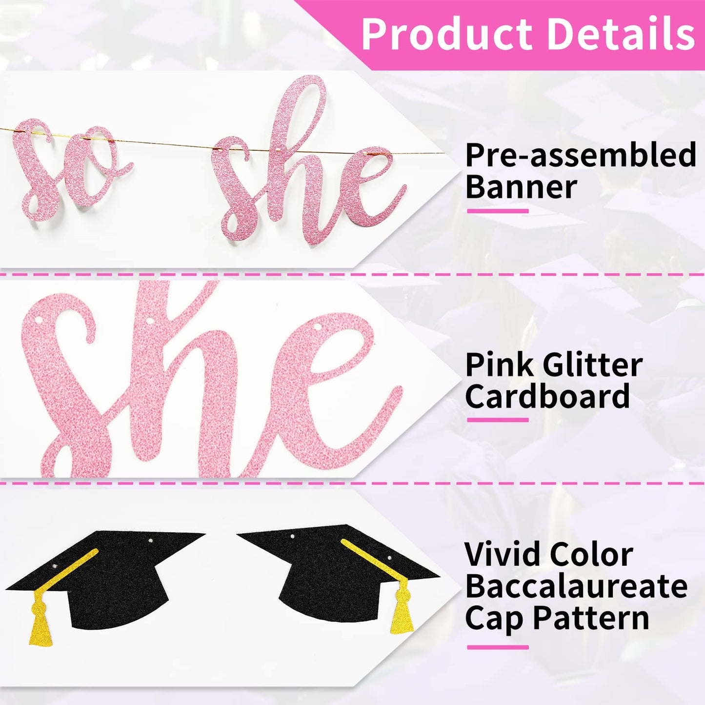 She Believed She Could So She Did Banner Decorations - Pink Glitter She Did It 2024 Garland Graduation Bunting Banner, Congrats