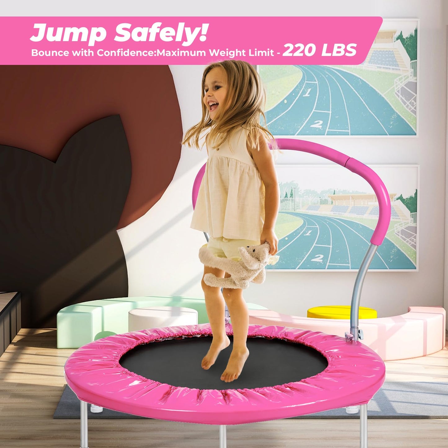 Roinoim 36 Inch Mini Trampoline For Kids With Handle, Indoor Round Toddler Trampoline, Pink