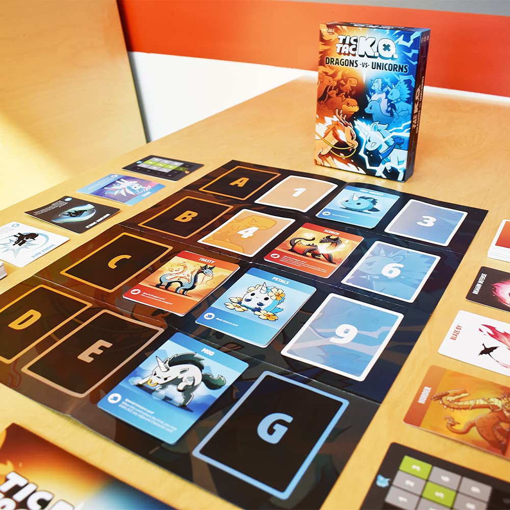 Unstable Games Tic Tac K.O. - Dragons vs. Unicorns Card Game for 2-4 Players - Quick-to-learn, Cardboard, Black - Model 63383