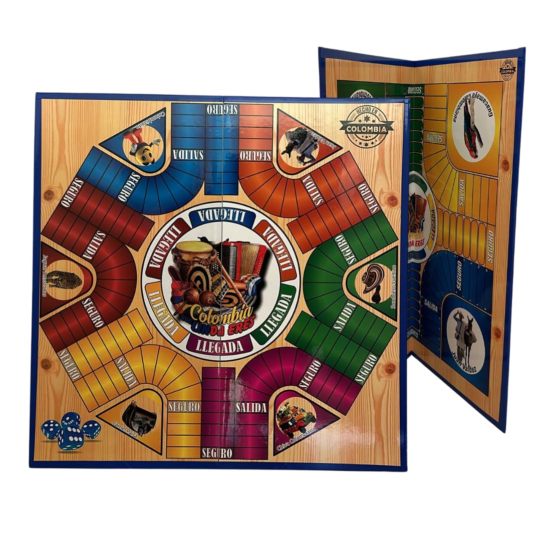 Generic Colombian Parques Board Game - 50x50 cm, Plegable, Doble Cara, for 4-6 Players, Multicolor, Plastic