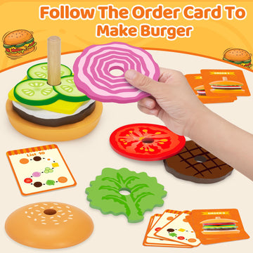 Jumlys Montessori Toys For 2, 3, 4, 5, Year Old, Wooden Burger Stacking Toys, Fine Motor Toys For Kids Boys Girls, Ideal Prescho