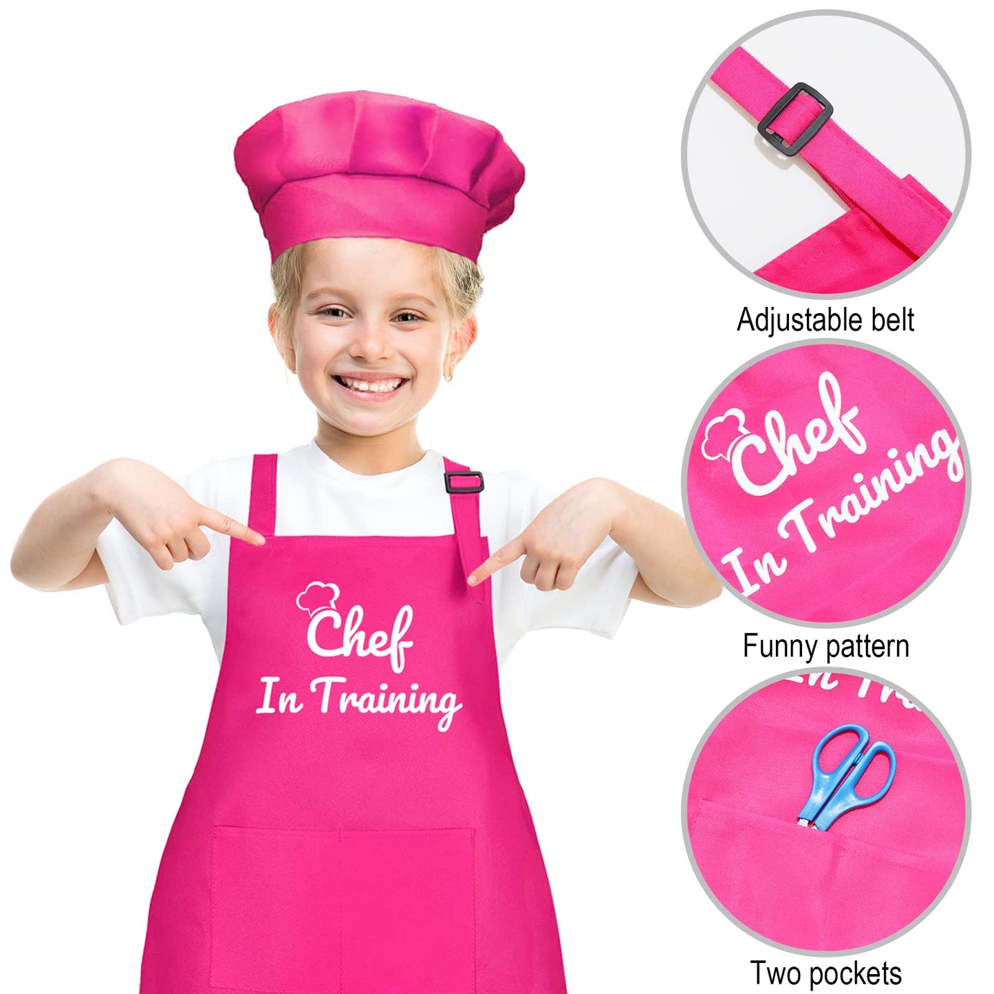 JOJOLOMO Kids Apron and Chef Hat Set, Chef in Training Funny Child Apron with 2 Pockets Children Adjustable for Boys Girl's Kitc
