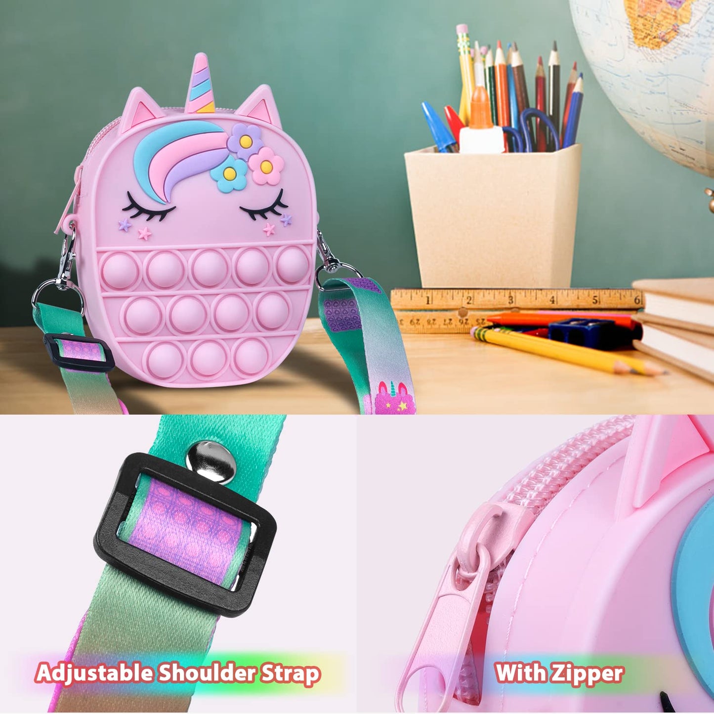 Sichy Pop Bag it, Fidget Bag, Pop Purse for Girl and Women Pop Bag with Unicorn Pop Toy, Anti Stress Silicone Poppet Bag Fidget