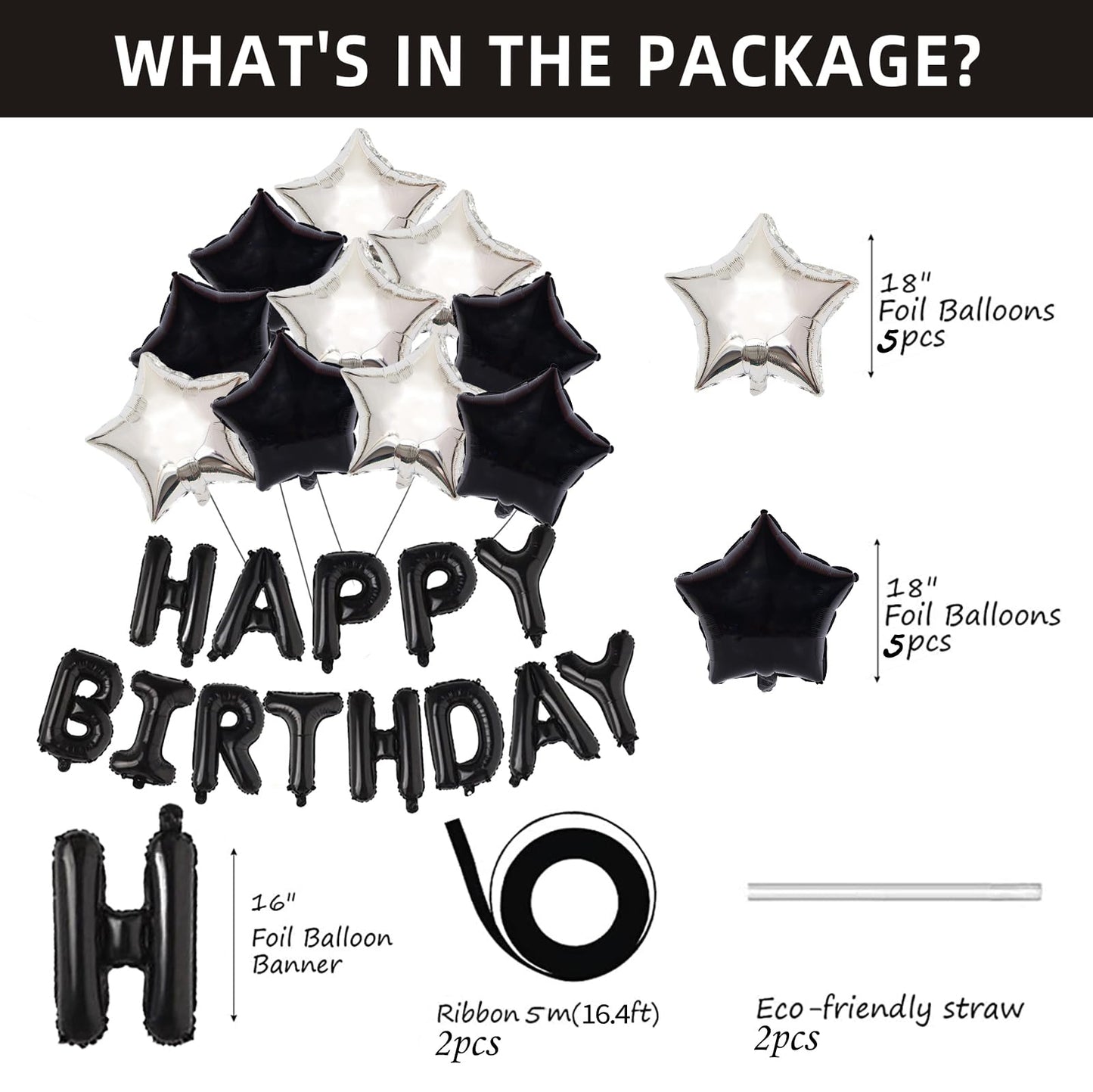 Big Black Happy Birthday Banner (3D Silvler) Mylar Foil Happy Birthday Balloons, 27Pcs Birthday Party Decorations With 10Pcs Ext