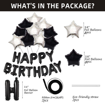 Big Black Happy Birthday Banner (3D Silvler) Mylar Foil Happy Birthday Balloons, 27Pcs Birthday Party Decorations With 10Pcs Ext