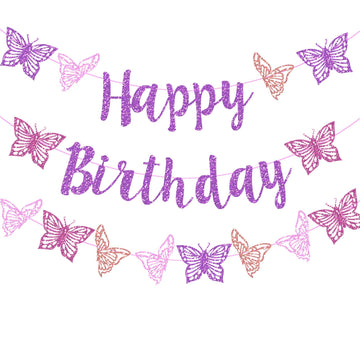 Butterfly Birthday Decorations Purple Glitter Butterfly Happy Birthday Party Banner for Spring Butterfly Theme Gender Reveal Bab