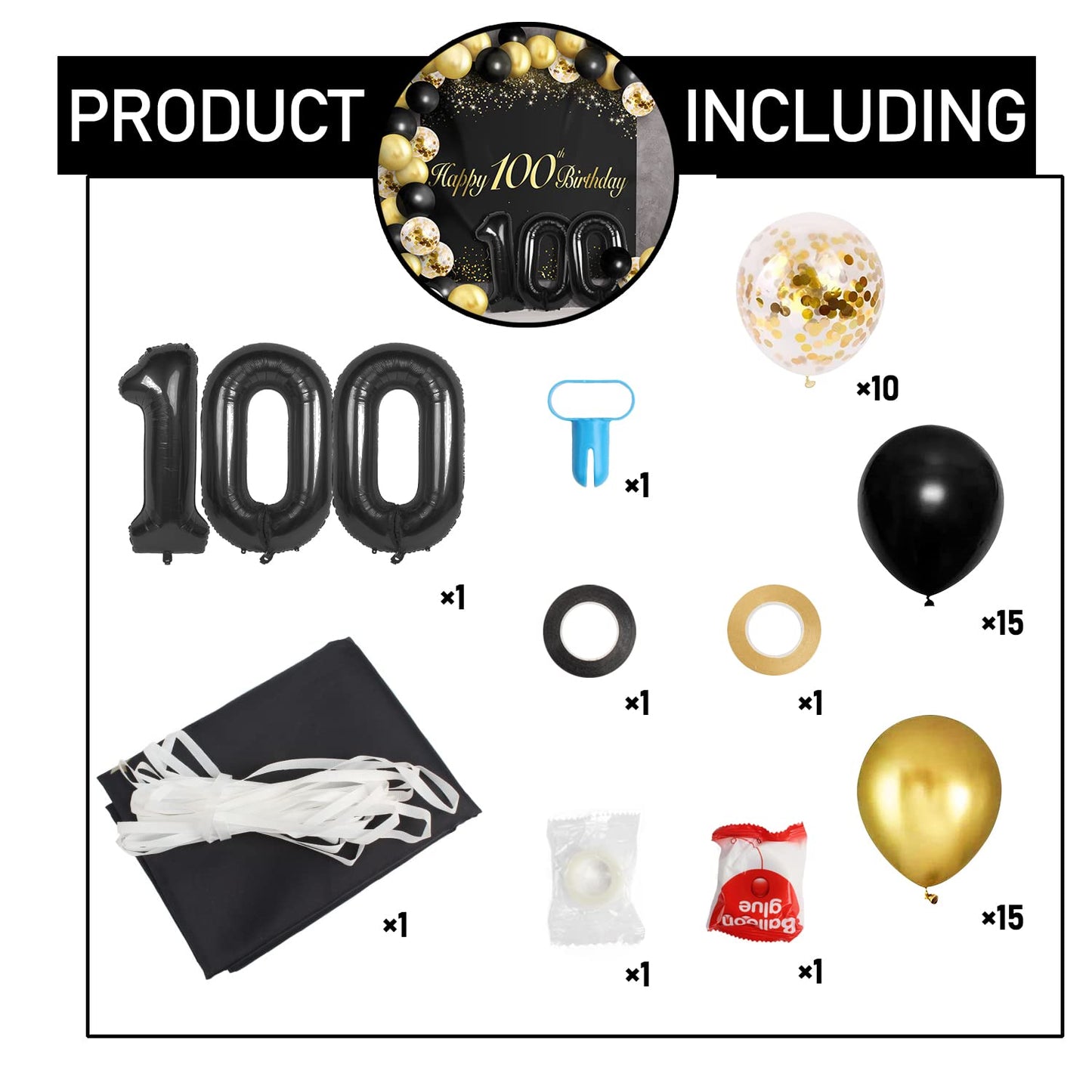 Happy 100Th Birthday Balloons Black Set Decor - Cheers To 100 Years Old Party Theme Garland Banner Backdrop Decorations For Wome