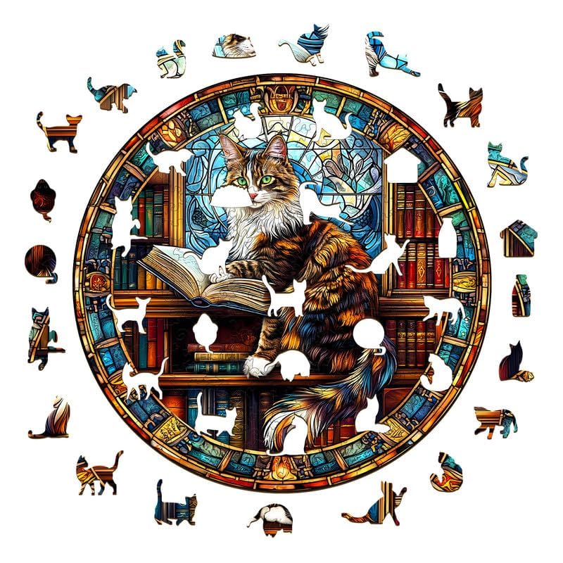 Jigfoxy Wooden Puzzle for mature-themeds  Maine Cat Wooden Jigsaw Puzzles for mature-themed  Unique Animal Shape Wood Cut Puzzles  Christmas Thanksgiving Gifts for Friends Family (L-13.4 * 13.4in-300pcs)