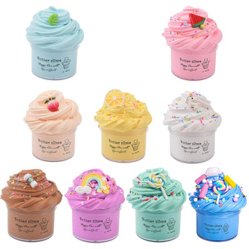 Keemanman 9 Pack Butter Slime Kit With Mint Leaf, Watermelon, Peach, Lemon, Unicorn, Coffee, Rainbow And Candy Charms, Scented D