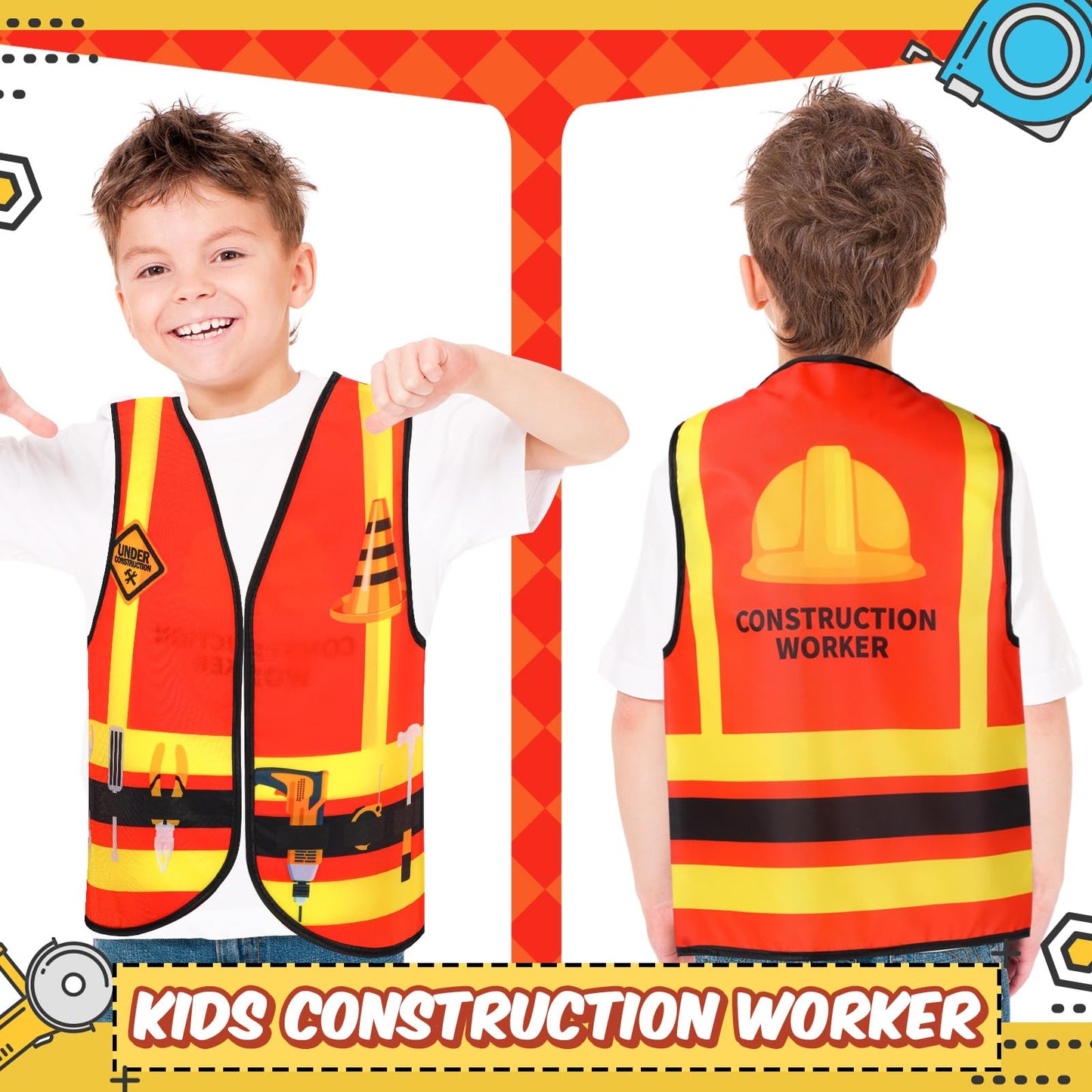 Panitay 12 Pcs Kids Community Helper Dress Up Vest Career Cosplay Cloth Toddlers Occupation Role Play Costume Supplies (Construc