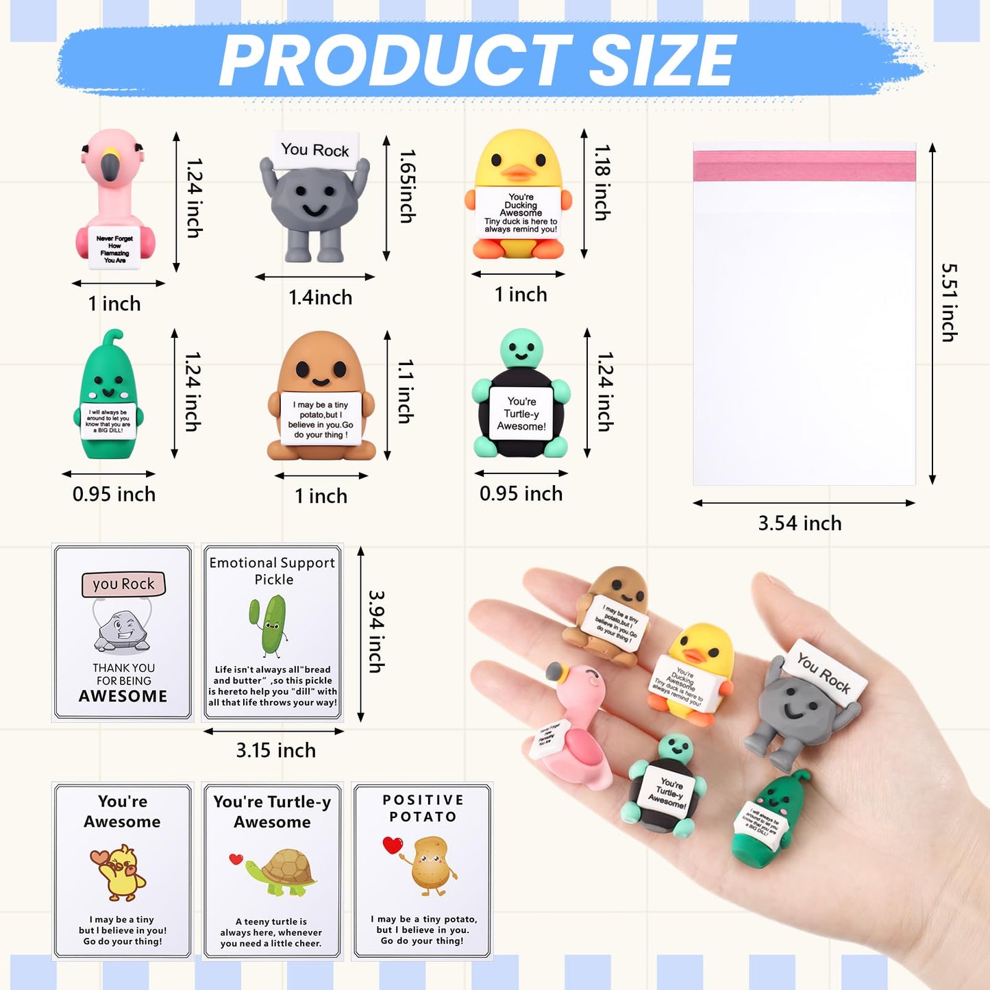 Gejoy 48 Sets Funny Positive Dolls Emotional Toy with Positive Card Encouraging Rubber Duck Pickle Potato Stone Turtle Flamingo Inspirational Birthday Gifts for Coworkers Students Friends Room Decor