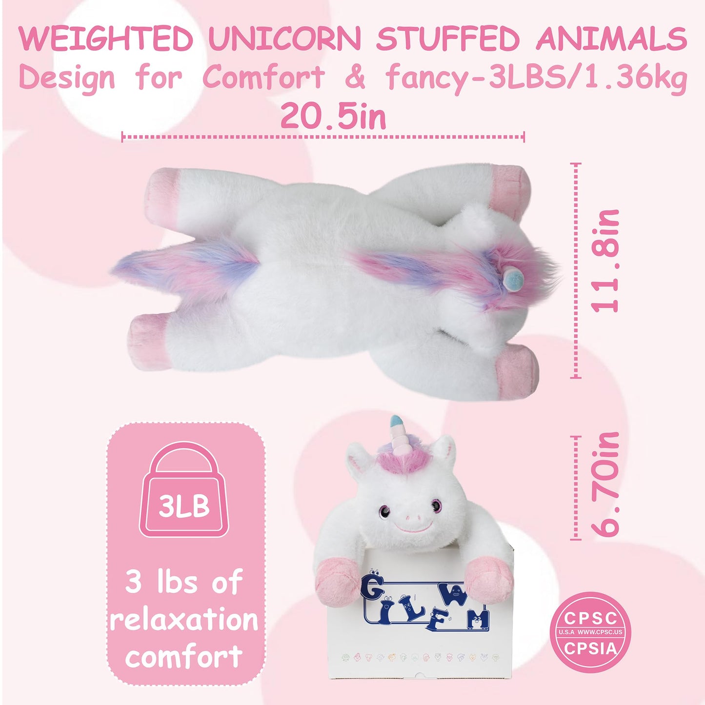 Gilfwm Weighted Stuffed Animals Unicorn - 20.5'' Cute Toy Pillow Plushie Gifts For Kids Boys Girls & Adults, 3 Lbs Ultra-Soft Wa