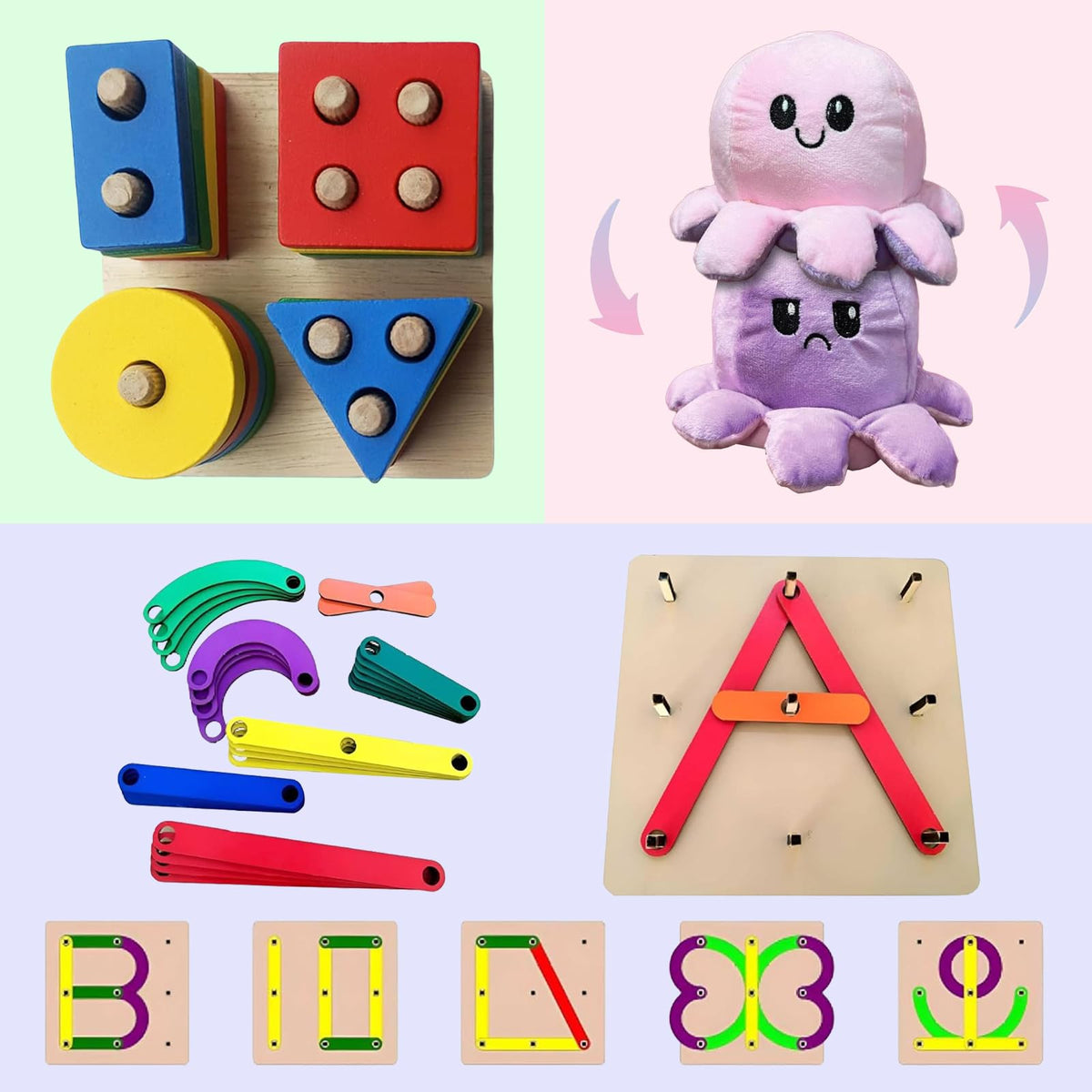 3 In 1 Educational Toys For 2+ Year Old Boy & Girl  Alphabet Learning Puzzle, Reversible Octopus, Geometric Stacking Toy  Sens