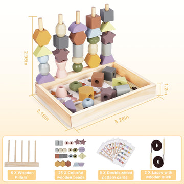 Montessori Toys For 3 Year Old - Wooden Lacing Beads & Stacking Blocks Toys For 3 4 5 Year Old Girl Boy Easter Birthday Gifts, Preschool Learning Activities With Beads Sequencing Set For Toddler 2-4