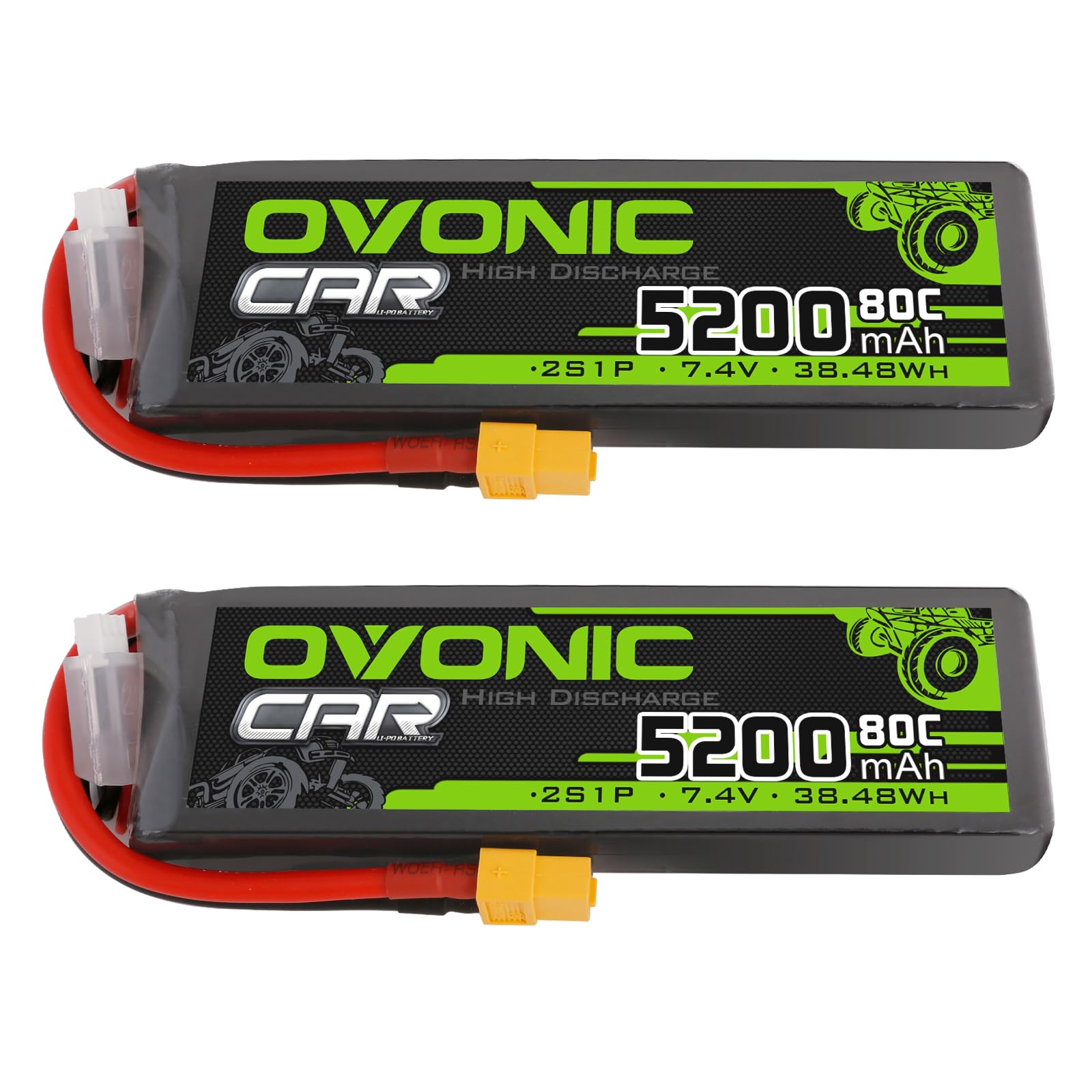OVONIC Lipo Battery 2S 5200mAh Battery 7.4V 80C Battery with XT60 Plug Soft Case for 1/8 1/10 RC Vehicles Car Slash RC Buggy Tru