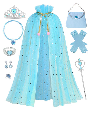 Sabbenia Princess Elsa Cape Set For Little Girl Dress Up,11Pcs Princess Cape Cosplay Christmas Halloween Birthday Gift 3-8Y(Blue