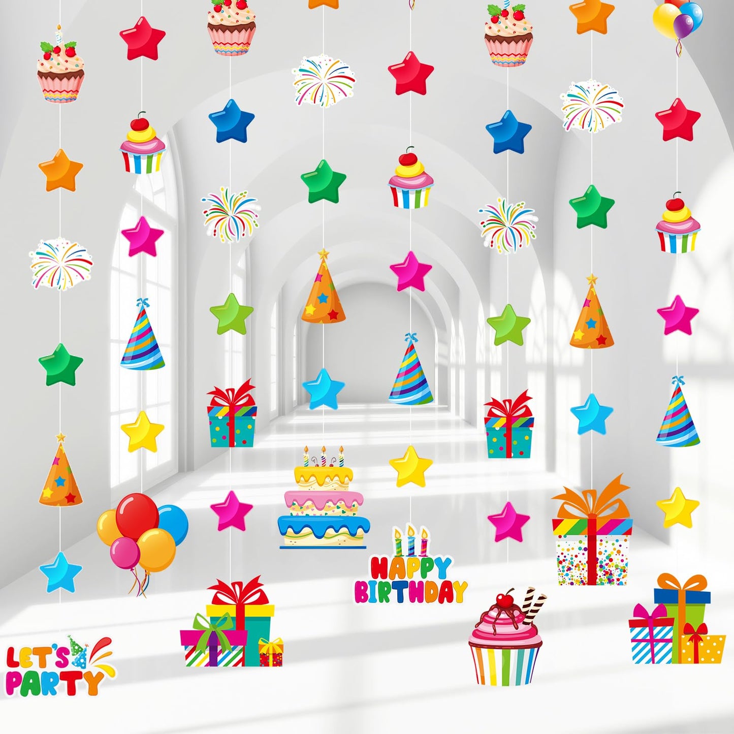Daifunli 8 Pcs Happy Birthday Party Decorations Lets Party Garland Streamers Colorful Rainbow Birthday Theme Hanging Paper Cuto