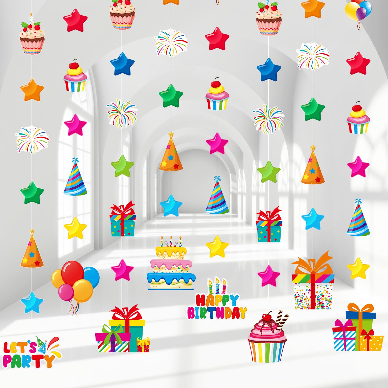 Daifunli 8 Pcs Happy Birthday Party Decorations Lets Party Garland Streamers Colorful Rainbow Birthday Theme Hanging Paper Cuto