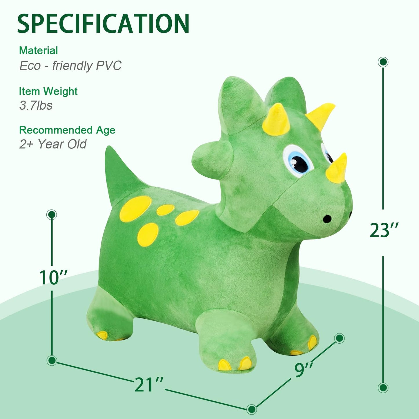 INPANY Bouncy Dinosaur Hopper Toy, Green Plush Triceratops, Medium Size, Inflatable Ride-On for 2-4 Year Old Kids, Indoor/Outdoor Fun
