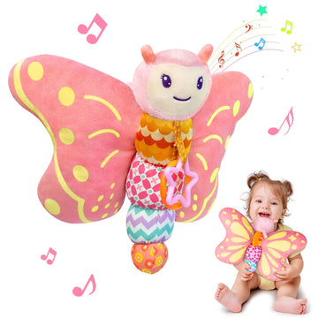 Baby Toys 0-6 Months,Infant Musical Sensory Stuffed Animal With Squeaker,Rattle,Crinkle Wings,Teether & Hanging Ring,Tummy Time