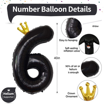 Large Number 6 Balloons, Black 40 Inch Foil Number Balloon For Boys, Crown Self Inflating 0-9 Set Balloons For Girls 6Th Birthda