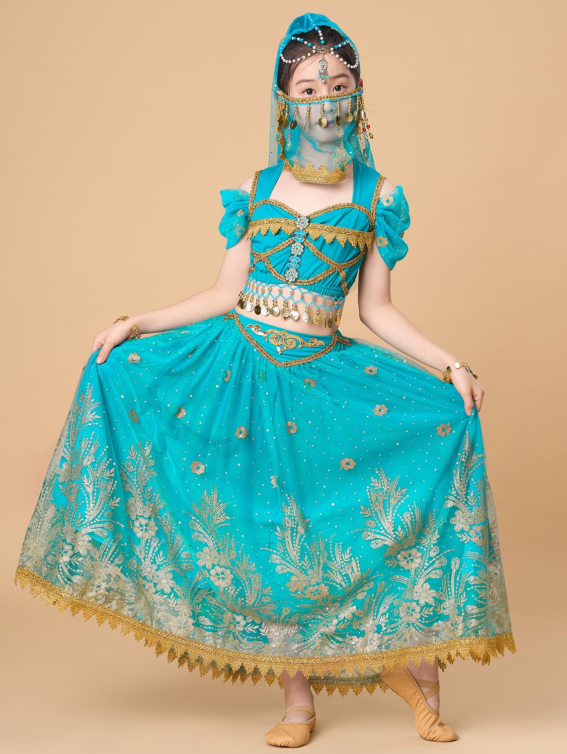 Ellydoor Princess Jasmine Costume For Girls Aladdin Dress Up Halloween Cosplay Party Belly Dance Outfit Blue, Tag 120