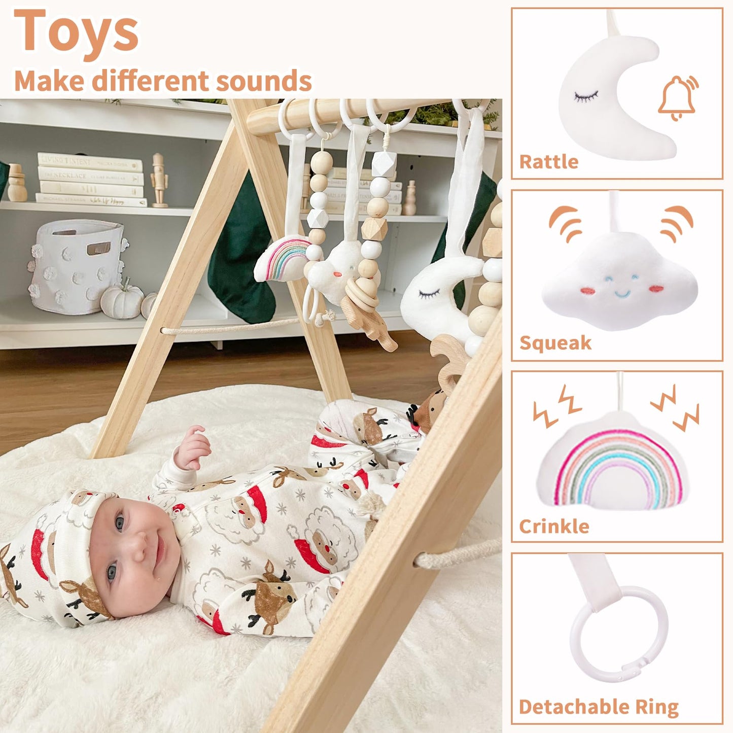 Little Dove Baby Play Gym Wooden Baby Gym With 6 Toys Foldable Play Gym Frame Activity Gym Hanging Bar, Baby Toy Natural Wood Play Gym Baby Exercise Activity Gym Hanging Bar Newborn Baby Gift