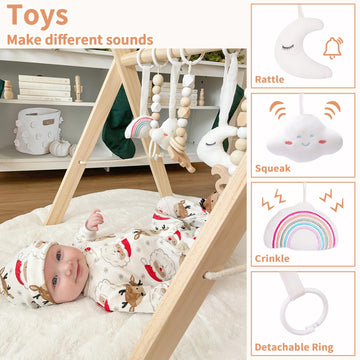 Little Dove Baby Play Gym Wooden Baby Gym With 6 Toys Foldable Play Gym Frame Activity Gym Hanging Bar, Baby Toy Natural Wood Play Gym Baby Exercise Activity Gym Hanging Bar Newborn Baby Gift