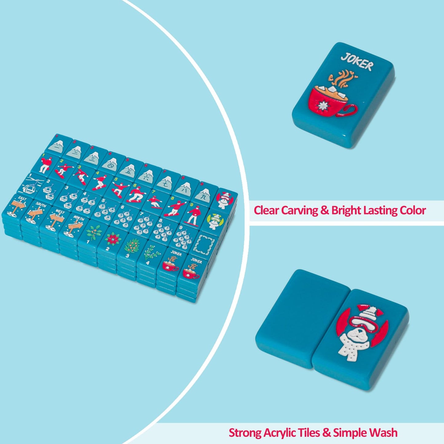 Jongyance American Mahjong Tile Set - 160 Acrylic Tiles, Peacock Blue, Includes Carrying Bag and Accessories, Compact Size 1.41x0.98x0.47 inches