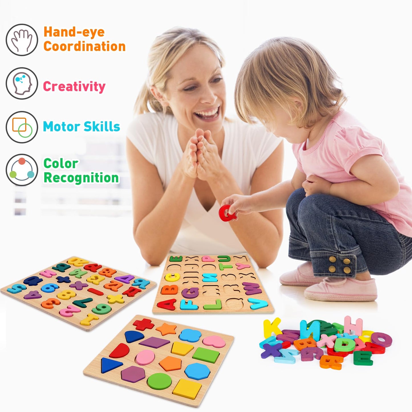 Wooden Puzzles For Toddlers 1 2 3 4 5 Year Old, Alphabet Puzzle Number Puzzle Shape Abc Puzzle, 3 In 1 Preschool Educational Learning Toys With Puzzle Board For Girls Boys Set Of 3