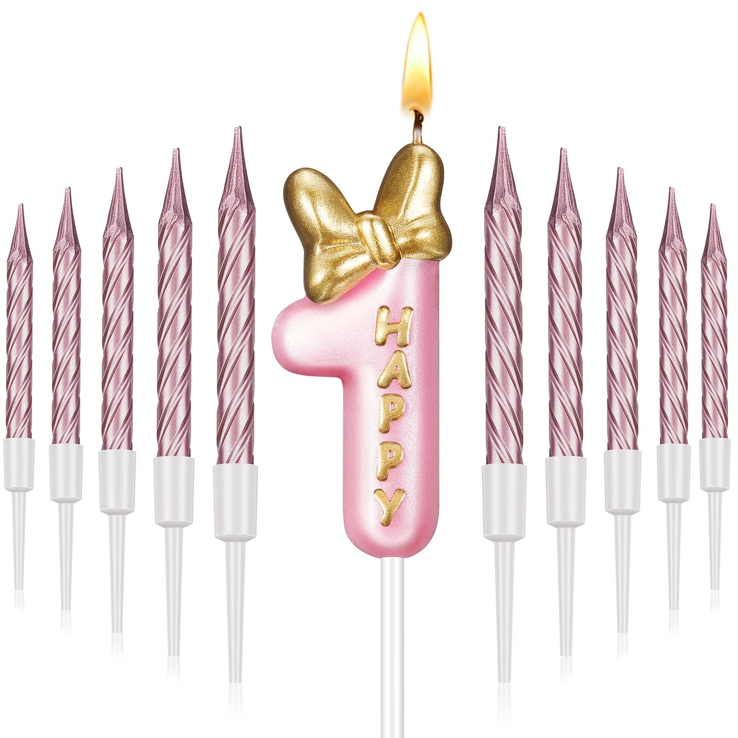 BBTO Number 1 Birthday Candle Pink Birthday Candle Girl with 10 Pieces Pink Candles Long Thin Cupcake Candles in Holders for Cak