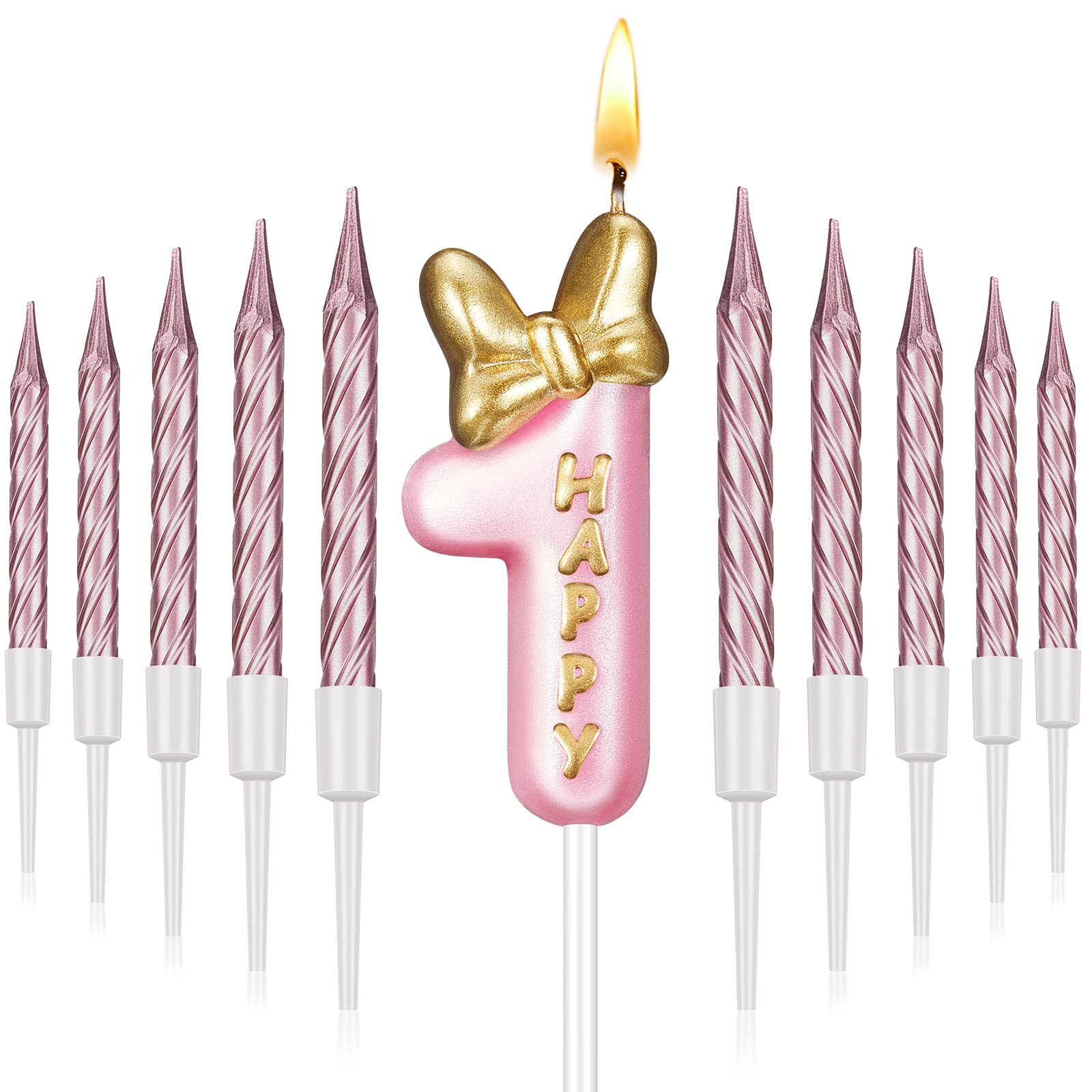 BBTO Number 1 Birthday Candle Pink Birthday Candle Girl with 10 Pieces Pink Candles Long Thin Cupcake Candles in Holders for Cak