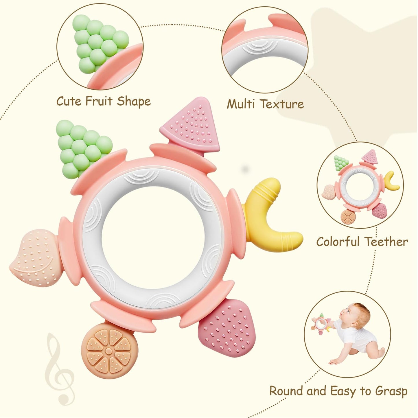 Hooku Silicone Teethers for Babies 6-12 Months, Teething Toys for Babies 0-6 Months, Baby Fruit Teethering Rings, BPA Free Baby