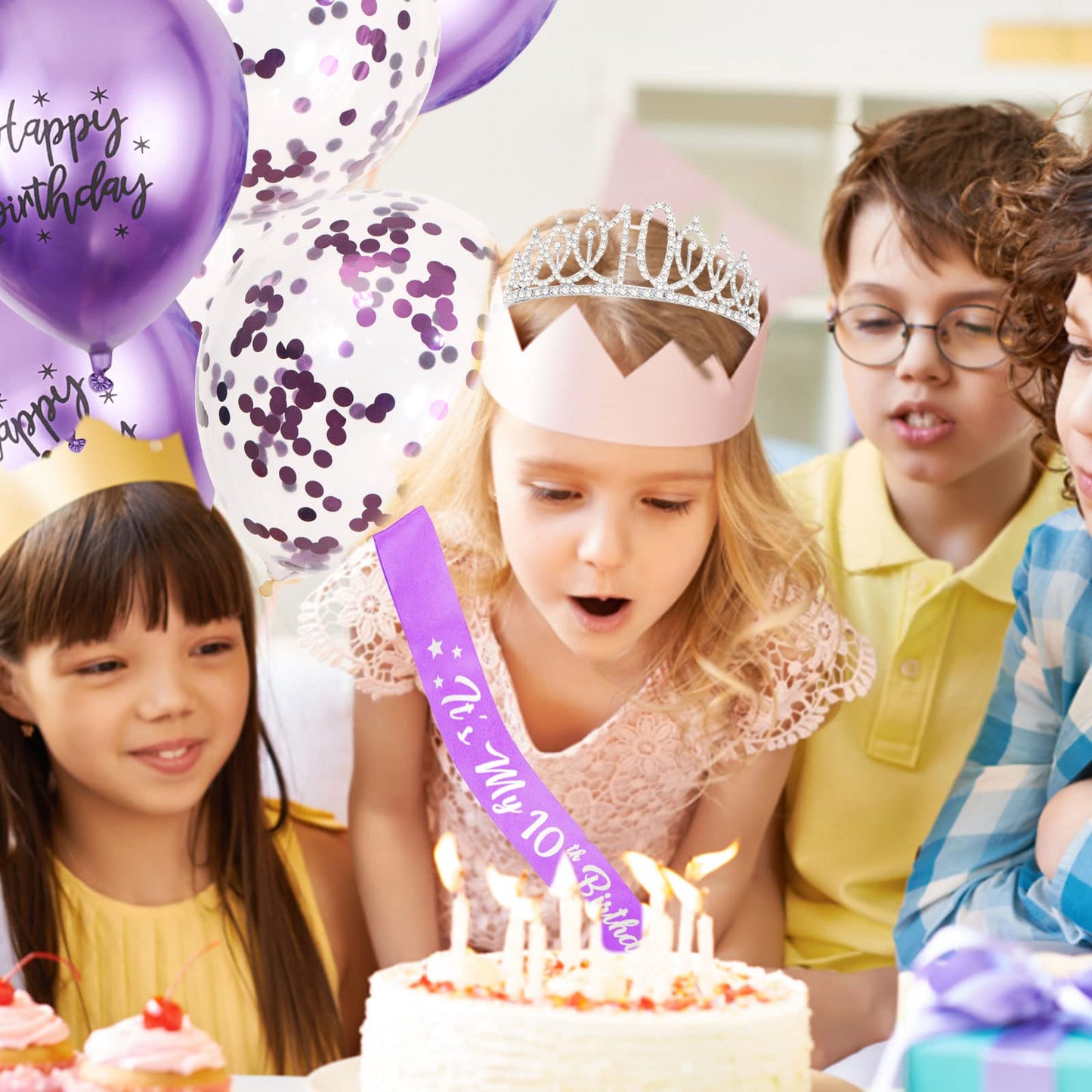 Lavender and Silver 10th Birthday Package: Glitter Sash, Crown, Foil Balloons & Latex Balloons