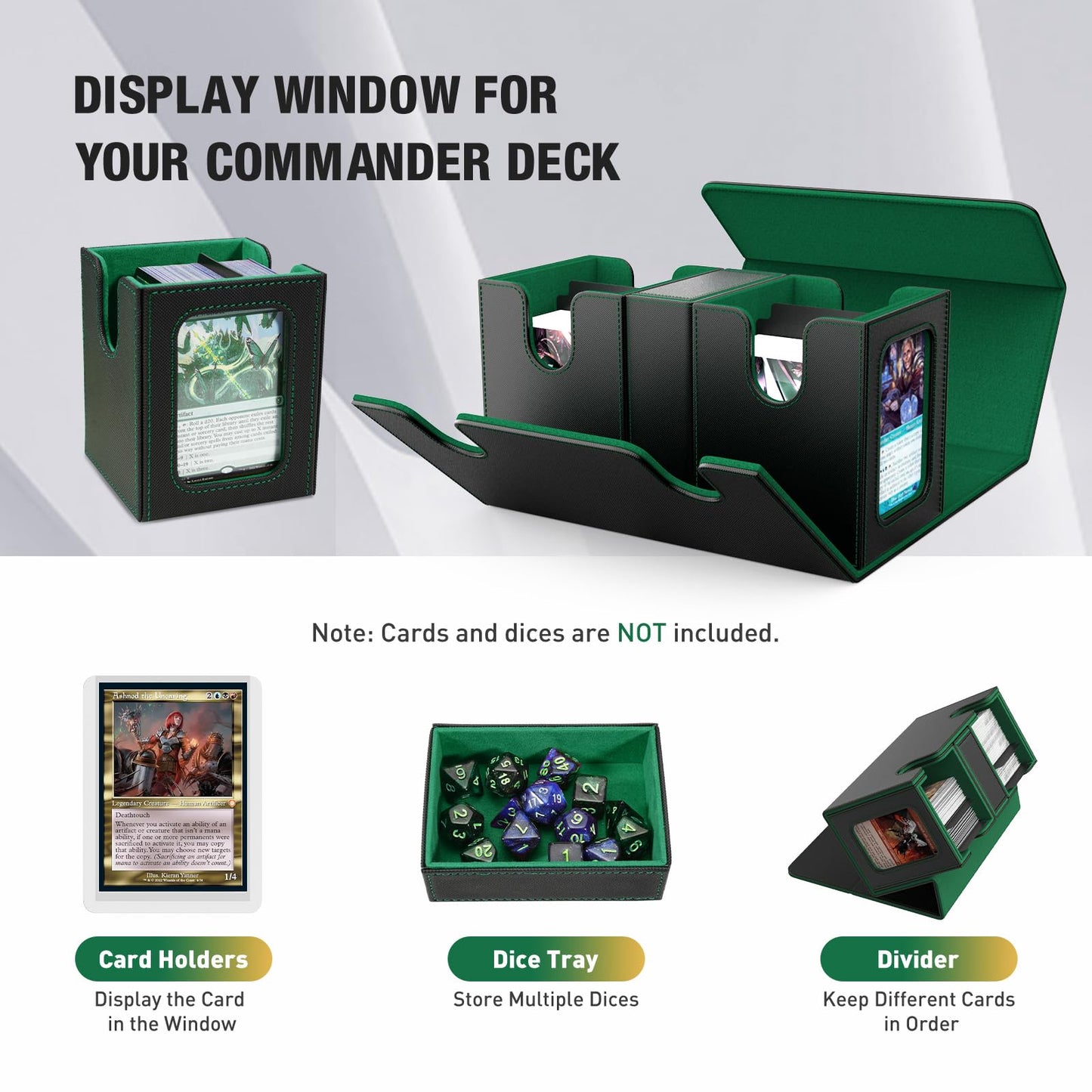 TiMOVO MTG Deck Box - Magnetic Faux Leather Case for 200+ Double-Sleeved Cards, Black/Green with Display & Dice Tray