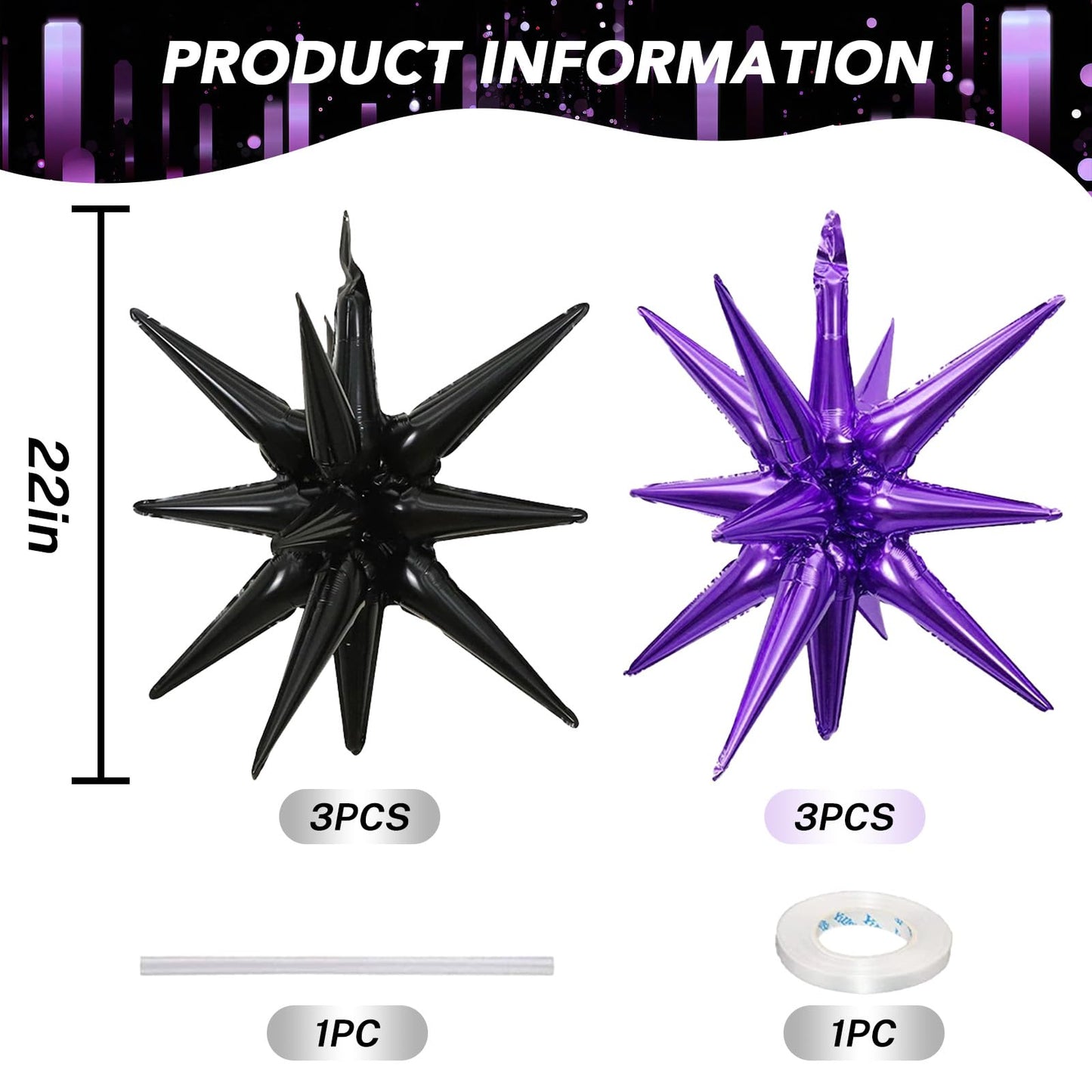 6PCS Star Balloons, 22Inch Large Black Purple Star Balloon Explosion Foil Balloons Cone Spike Balloon for Birthday Graduation We